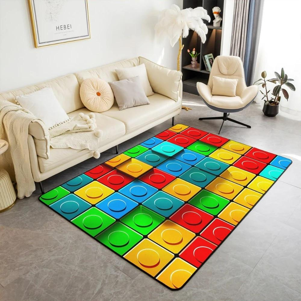 Rainbow Building Blocks Inspired Carpets for Living Room Decor Construction Carpet for Boys Girls Bedroom Washable Entrance Rug