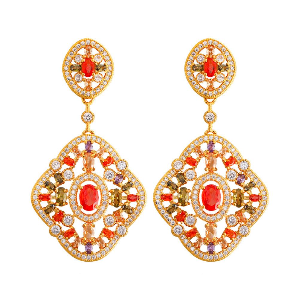 

Retro Light Luxury Court Style Diamond-Encrusted Earrings Luxury Color Zircon Earrings Elegant Ruili Street Show Jewelry