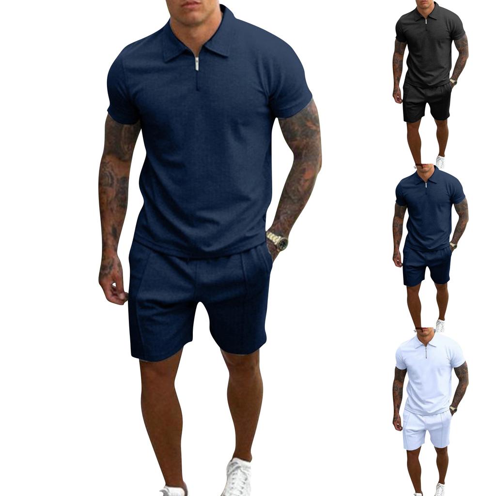 Men’s Short Sleeve Polo Shirt and Shorts Set with Zipper Collar Athletic Fit Casual Two Piece Outfit for Summer Wear