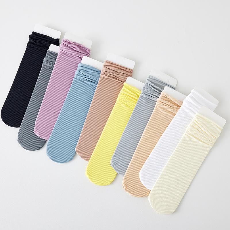 Female Spring and Summer Thin Pure Color All Build in The Tube Stack Socks
