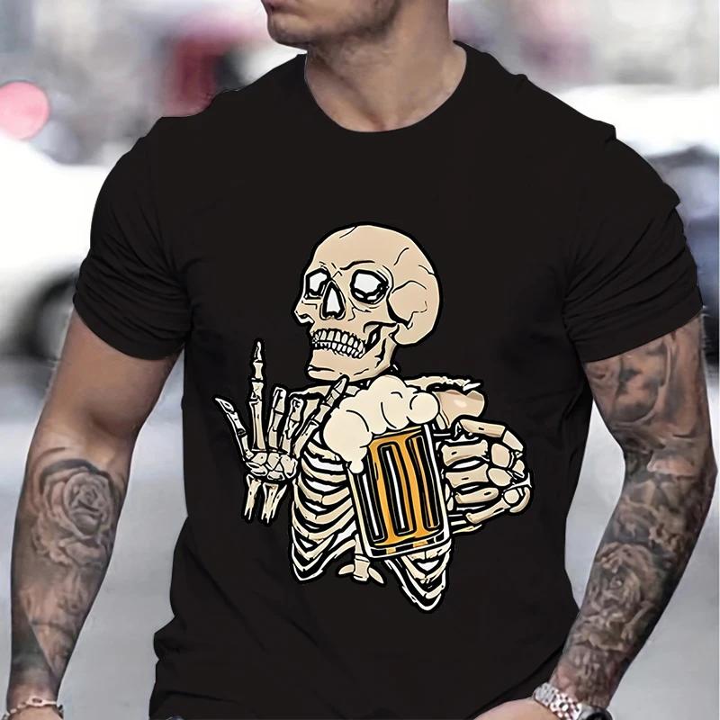 

Beer Lover Gifts T-shirt Men Skull Beer Graphic Print Funny Men T-shirt Skeleton and Beers Lover Graphic Design Summer Clothes S чорний