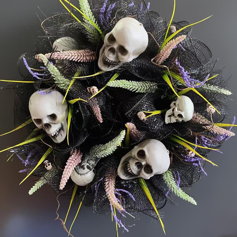 Halloween Black Mesh Skull Wreath 2023 Wreath Ghost Party Decoration Props