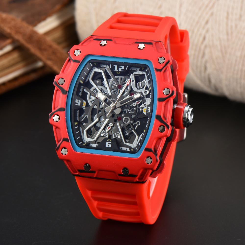 Vibrant Wine Barrel Shape Quartz Watch with Carbon Fiber Hollow Design for Men