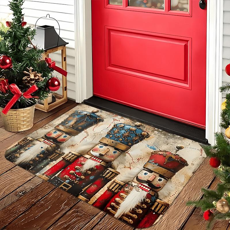 Nutcracker Doll Christmas Welcome Doormat, Indoor Outdoor Flannel Non-Slip Mat for Kitchen Office Laundry Bathroom Holiday Decor