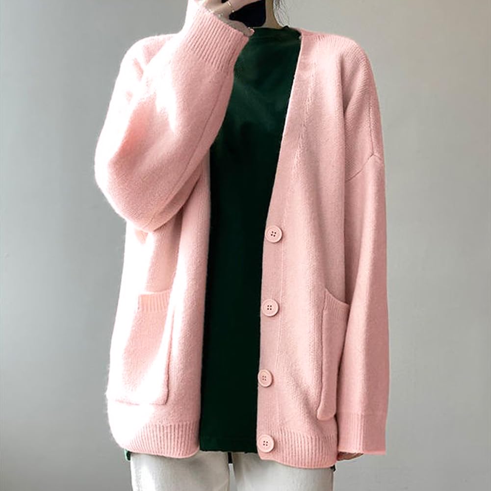 Bidason Knit Long Button Soft and Loose Medium Perfect for Everyday and Spring Women's Cardigan, V-Neck, Sleeves, Front, Pockets, Warm, Stretchy, Fit,