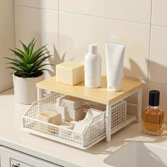 Kitchen Countertop Organizer Storage Shelf with Wire Basket Drawer Double-Tier Space-Saving Rack for Coffee Maker Spices Vegetables Fruits