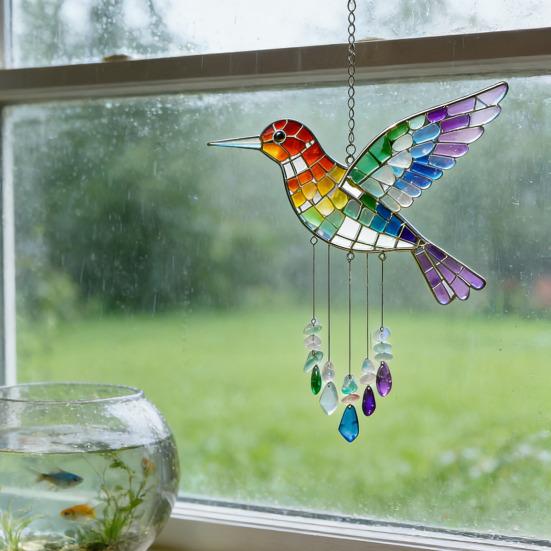 Rainbow Bird Sun Catcher Colorful Acrylic Hummingbird Suncatcher Rainbow Maker Hanging Bird Decoration for Indoor Window Garden Decor
