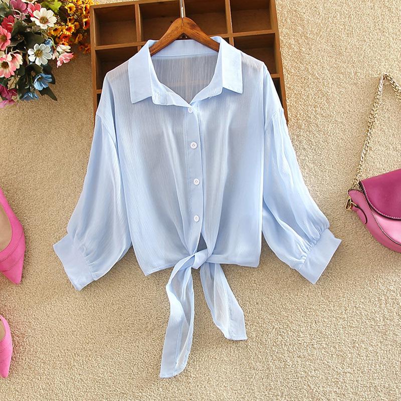 Casual Loose Hollow White Clothes Elegant Solid Color Tied Waist Blouse Women Summer Bat Half Sleeve Button Chiffon Shirt