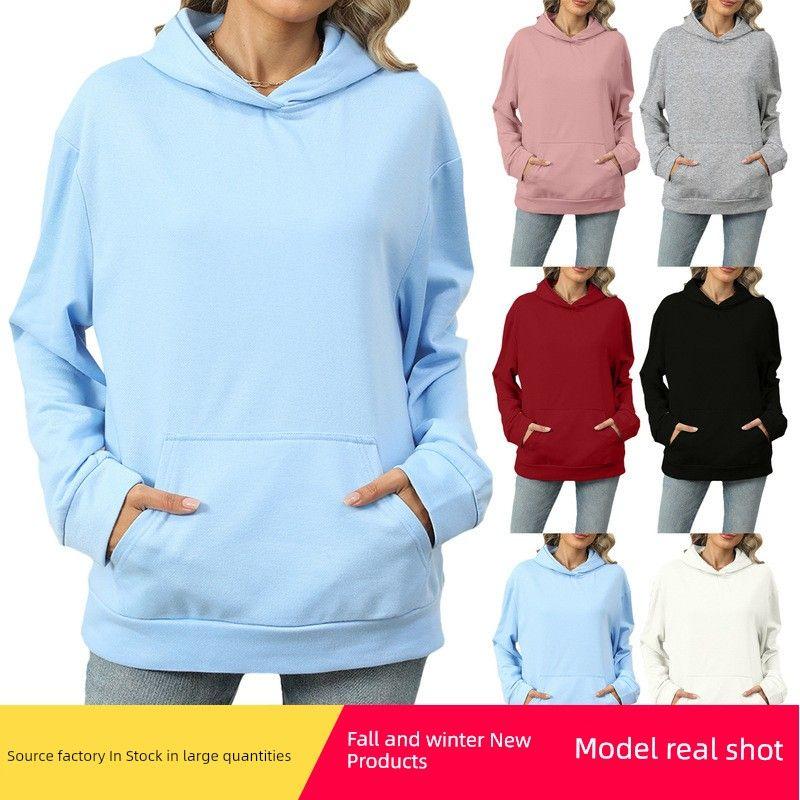

2025 Casual Hooded Pocket Hoodie Solid Color Top Burgundy XL