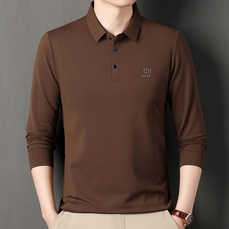 

Бесшовная рубашка поло с длинными рукавами, мужская, высококачественная, повседневная, деловая, мужская, однотонная футболка с тисненым логотипом 4XL темный кофе