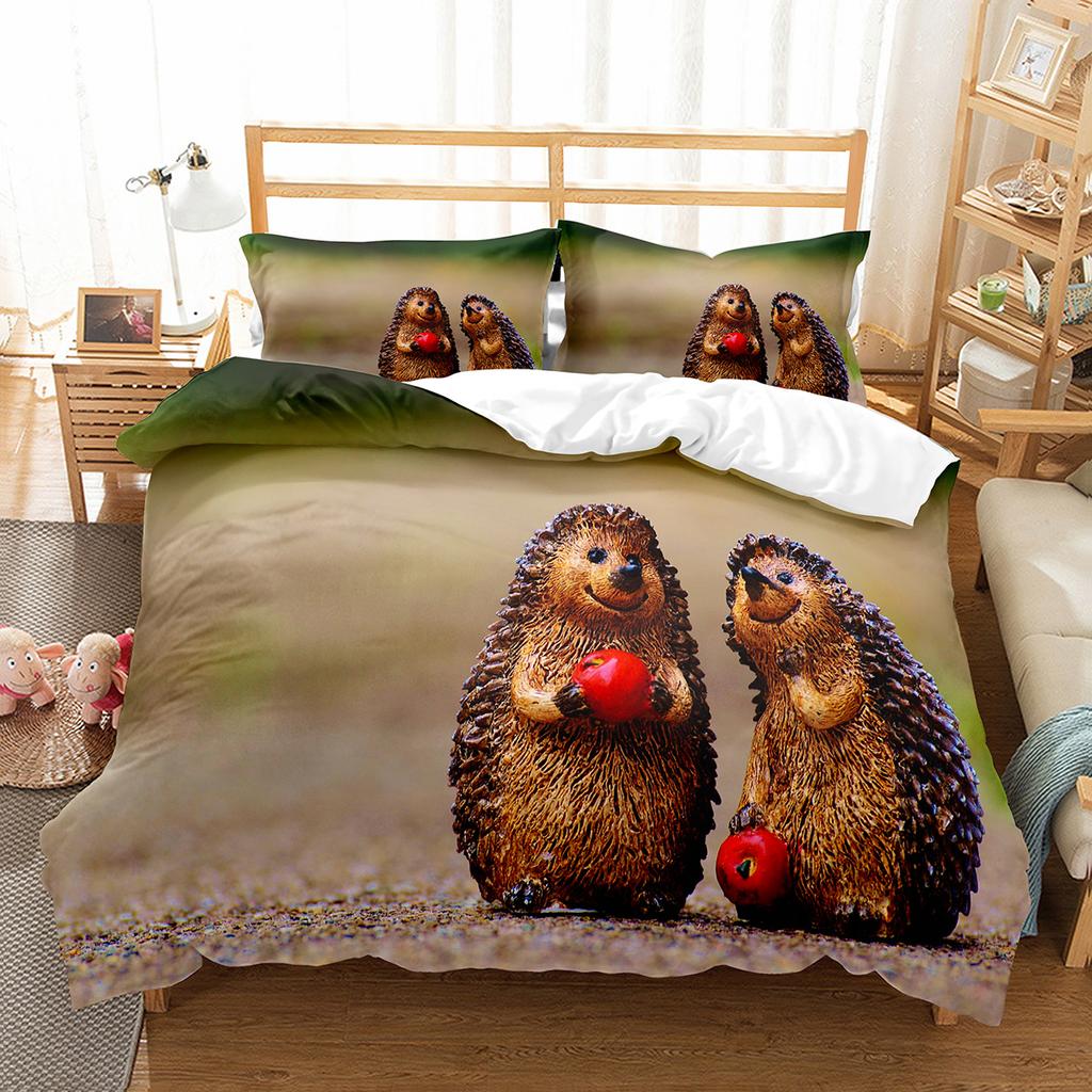 Hedgehog Duvet Cover Set Cute Cute Animal Polyester Comforter Cover King Queen Size for Kid Boy Girl Bedding Set with Pillowcase