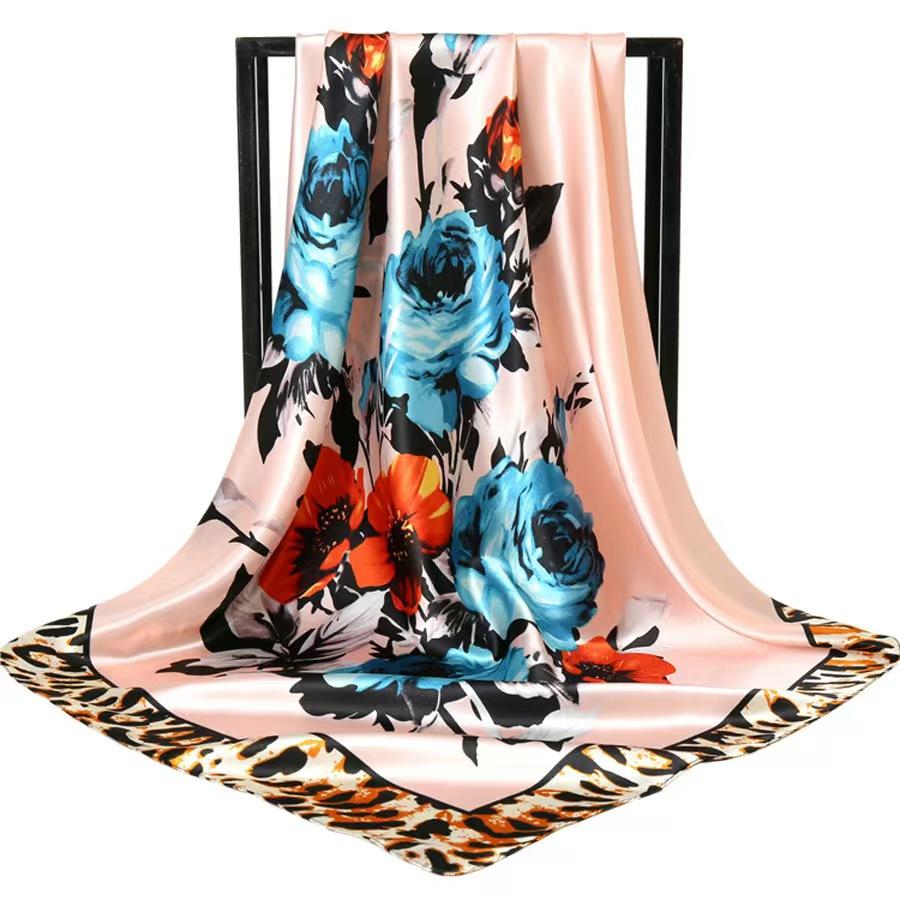 90*90Cm Leopard Pattern Flower Silk Scarf For Women Imitation Silk Floral Print Square Scarfs And Versatile Headscarf Scarf