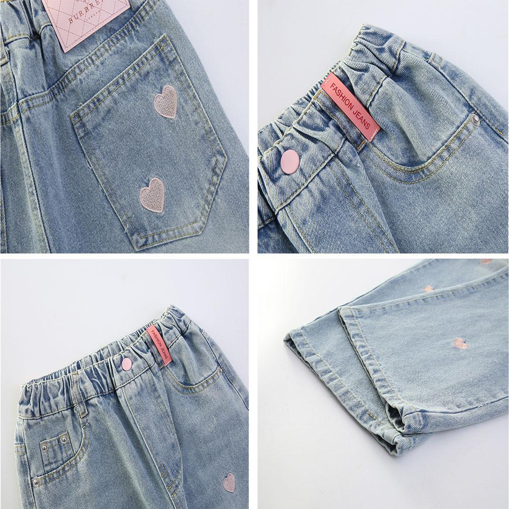 Spring and Autumn Girls Versatile Love Metal Buckle Wide Leg Pants Pocket Jeans Elastic Waist Pants