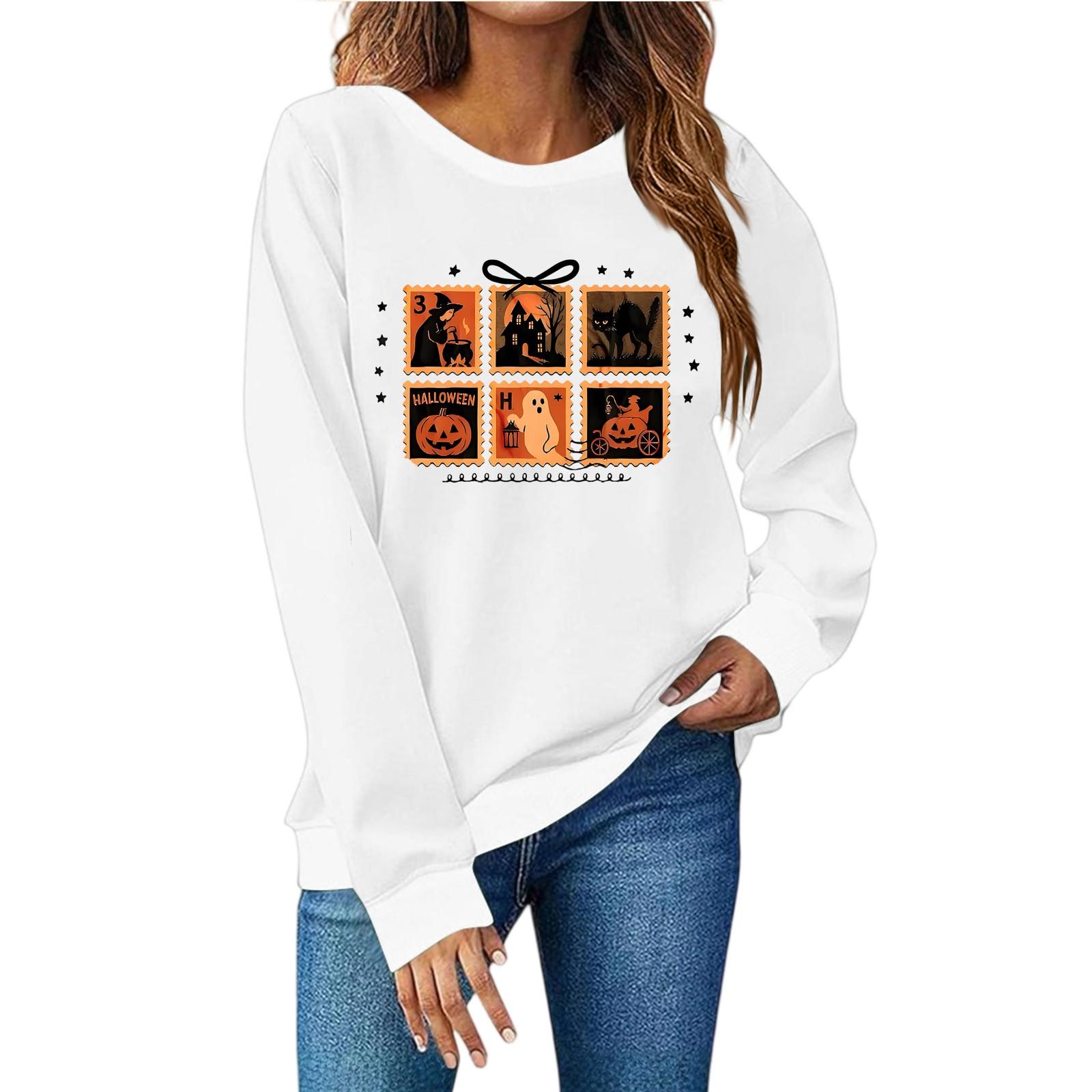 

Женская мода повседневный принт повседневный длинный рукав круглый вырез толстовка топ XL белый