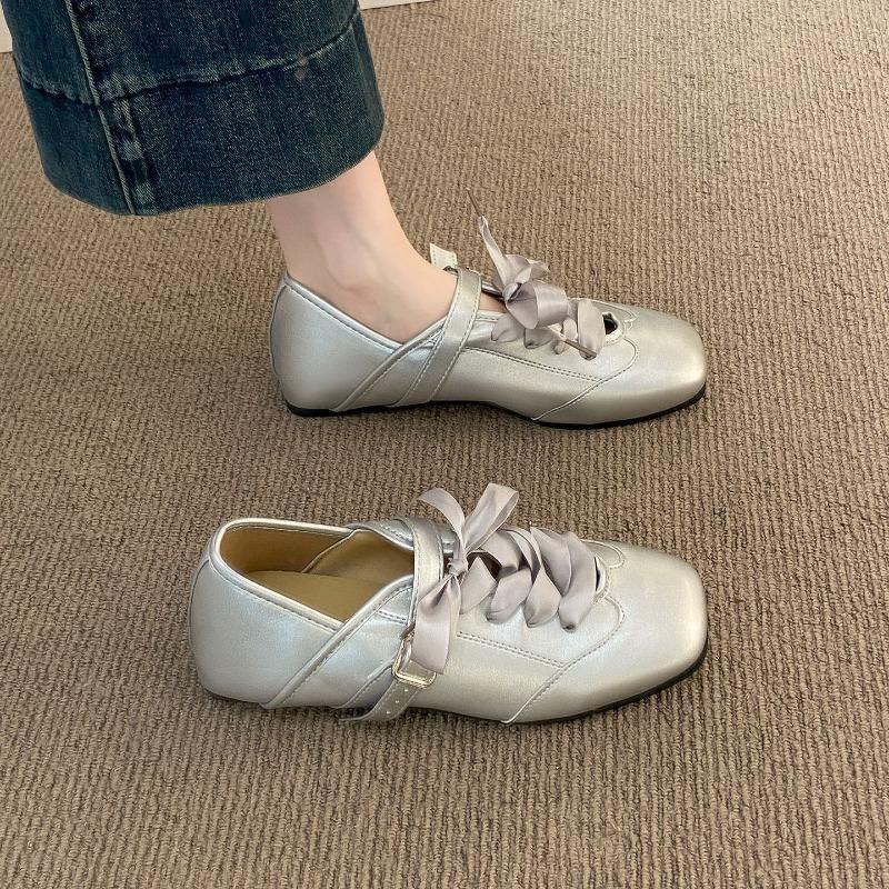 Inner Height Increase Silver Mary Jane Single Shoes Women's Shoes New Summer Ballet Bow Casual