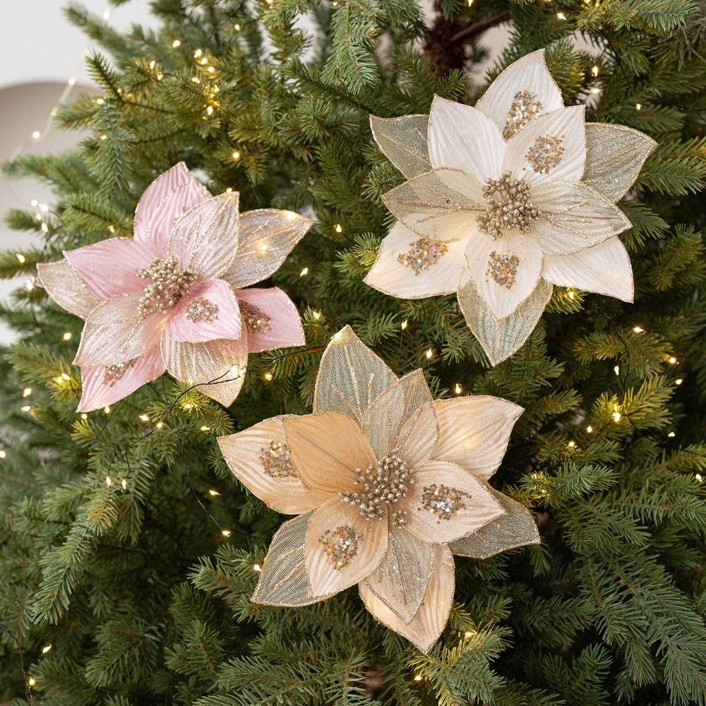 Fabric Plastic Christmas Artificial Flowers 25CM Glitter Fake Flower  Christmas Decor