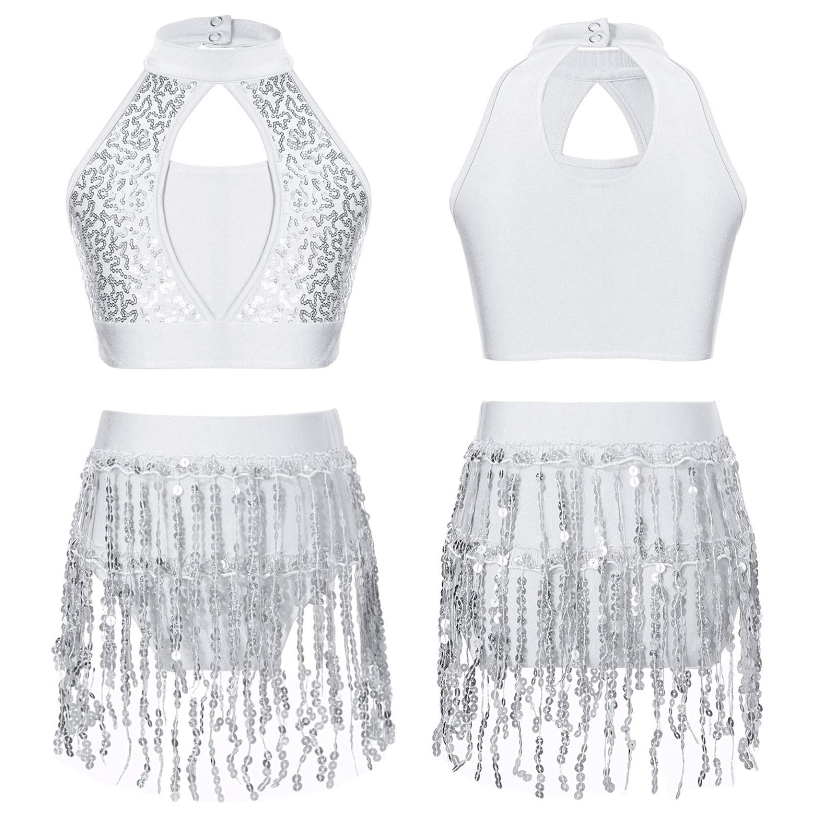 

Детский укороченный топ с пайетками для девочек и юбка, комплект одежды для джазовых латинских танцев, костюм из 2 предметов, танцевальная одежда 9-10 Years белый