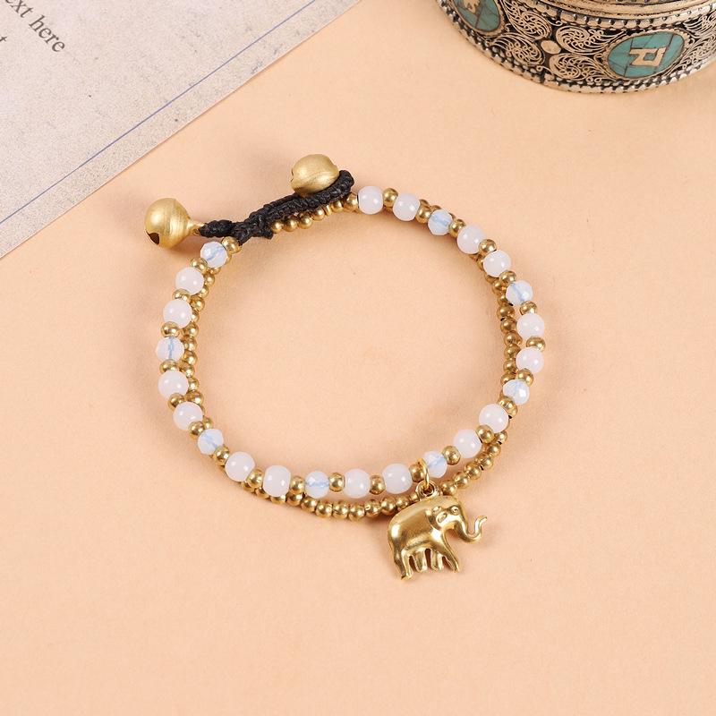 Ethnic Hand-Woven Elephant Bracelet: Bohemian Tibetan Style with Vintage Double Beads and Bell Charm for Women