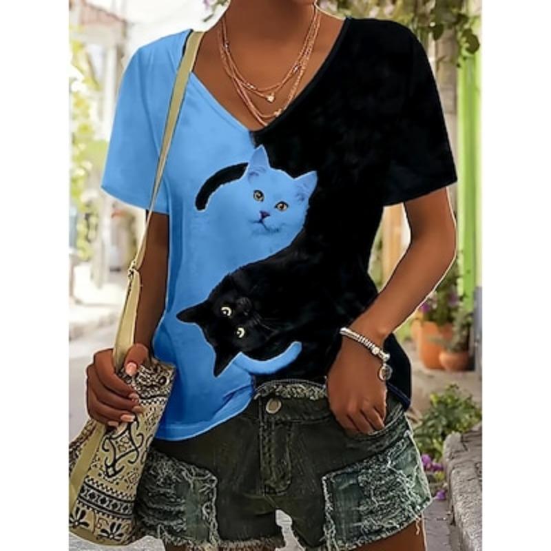 

Женская футболка, базовая, повседневная, с цветным принтом кота, с коротким рукавом, обычные топы с V-образным вырезом, повседневная, летняя 2XL