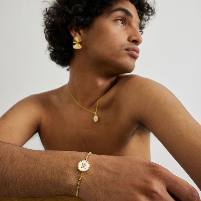 Bracelet - LUXENTER - Alphabet R - Nacre Blanche - Finition or Jaune 18K - Femme
