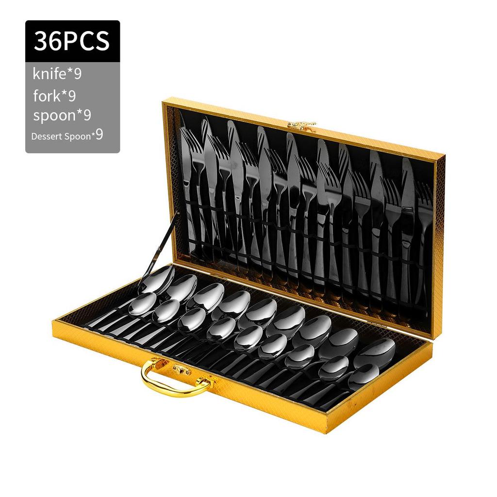 Golden Wooden Box Stainless Steel Cutlery Set - Steak Knife, Fork, Spoon for Western Dining