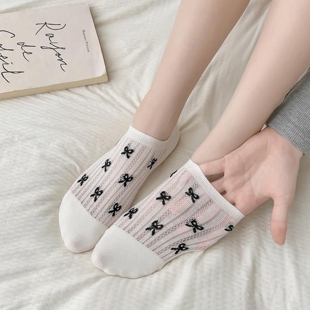 Socquettes nœud papillon, Maille respirante style ballerine pour femme, Antidérapantes, Antibactériennes, Talon anti-dérapant, Chaussettes courtes invisibles à décolleté bas