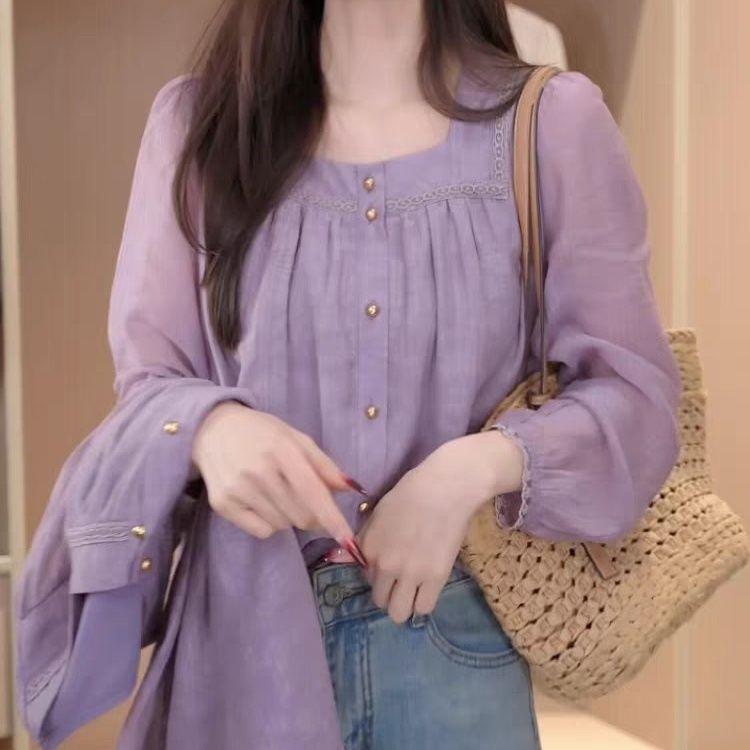 Spring/Summer French Fashion Square Neck Long Sleeve Women s Blouse - Sweet Design, Straight Shoulder, Loose Fit Small