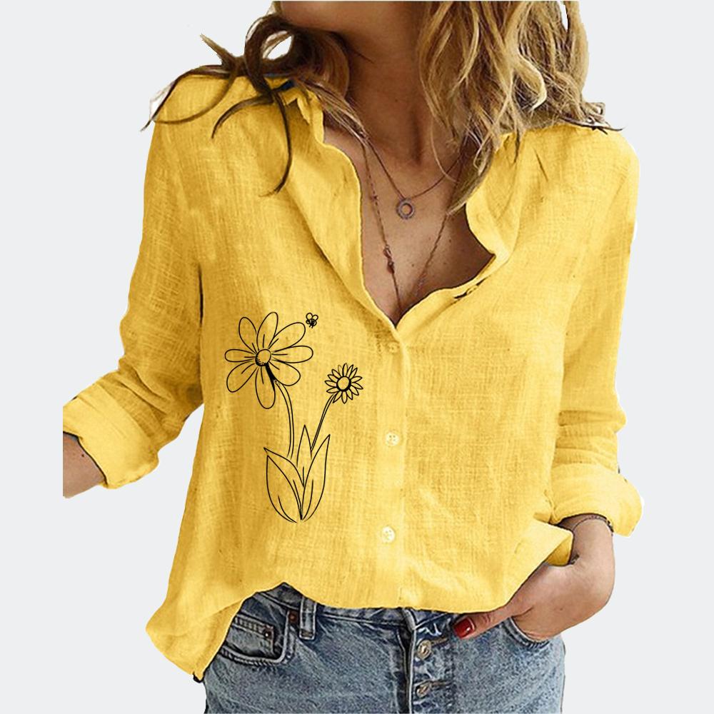 Women Floral Print Long Sleeve T-shirt Fashion Lapel Neck Cotton Linen Top Summer&fall Female Loose Buttoned Blouses