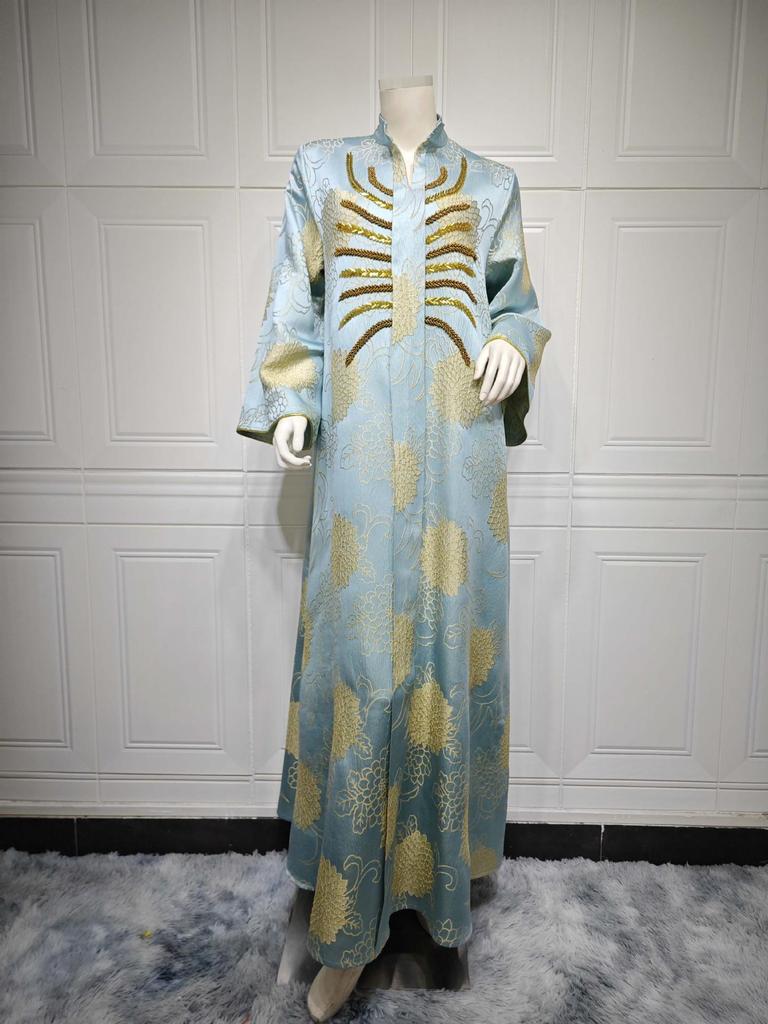 AB402 V-Neck Jacquard Beaded Dubai Dress - Women's Middle Eastern Muslim Robe