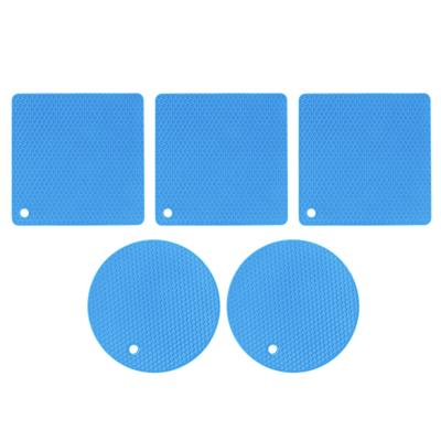 5 PCS 2 Rond 3 Carré Tapis en Silicone Nid d'Abeille Multiusage Dessous de Plat pour Plats Chauds Tables Bleu