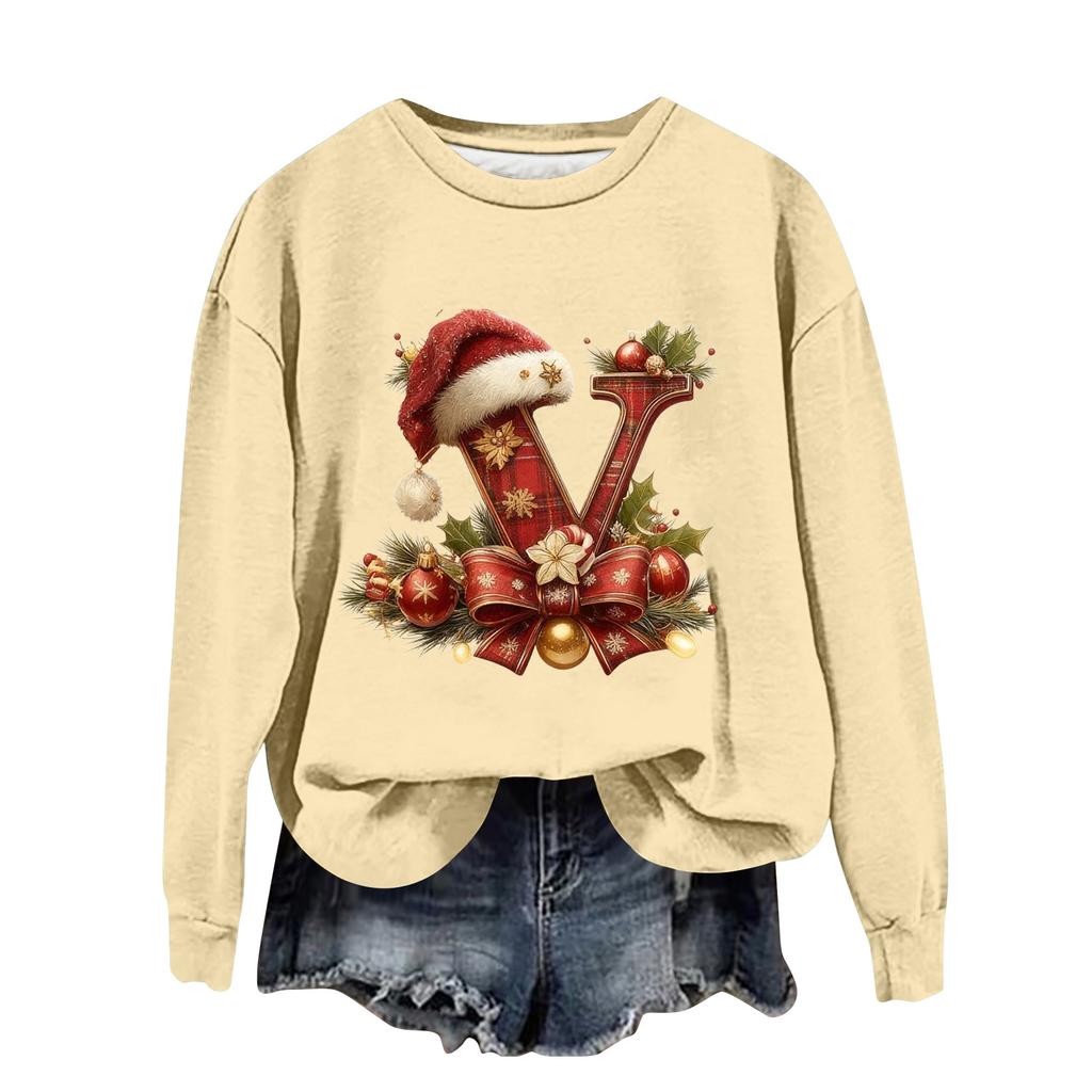 Women's Fashionable Casual Long-Sleeved Christmas Letter Print Crew-Neck Sweatshirt