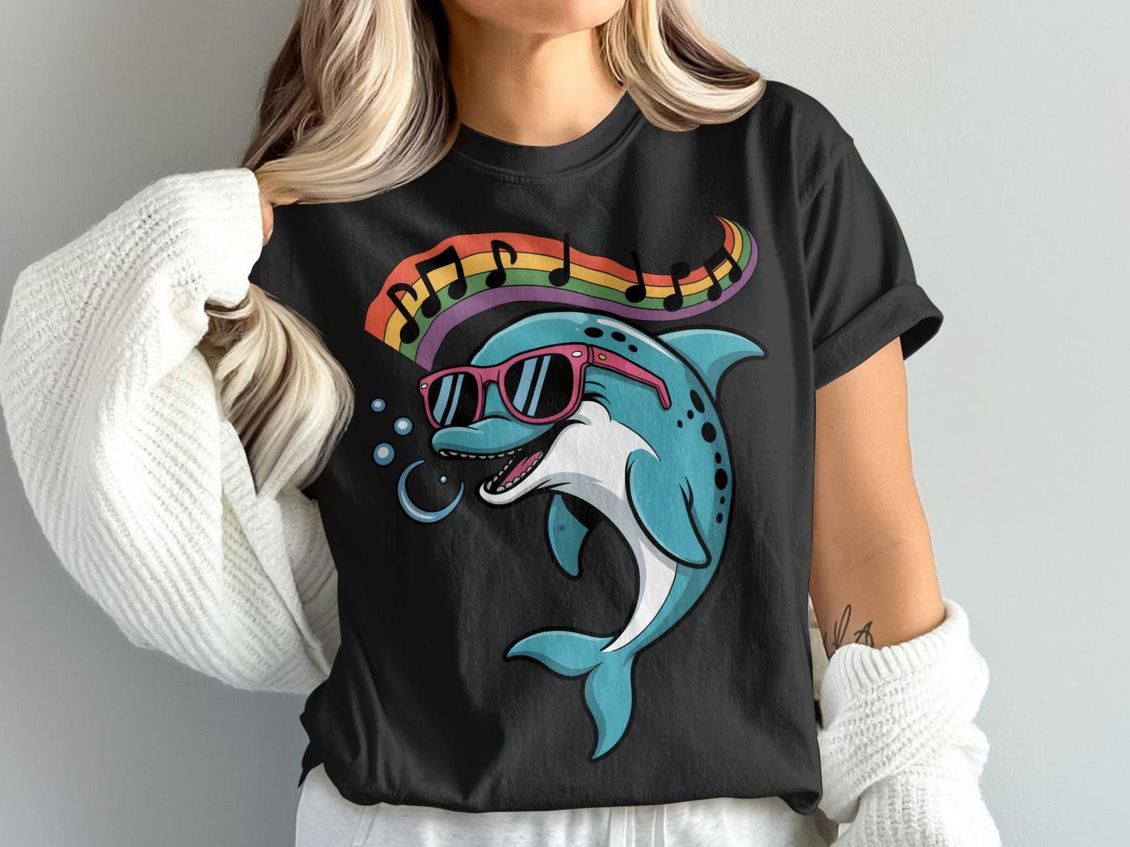 Cool Dolphin T-Shirt, Musical Dolphin Art, Rainbow Music Notes Tee, Ocean Lover Gift, Funky Animal Shirt, Sunglasses Dolphin Tee M