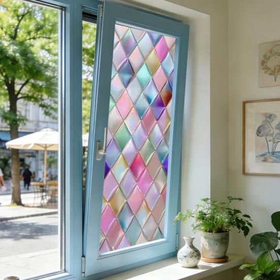 Stained Glass Effect Window Film Geometric Pattern Decorative Static Cling UV Block Heat Control Vintage Rainbow Window Sticker for Living