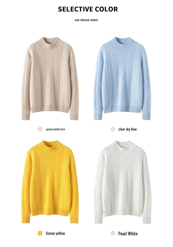 Women's Thickened Cashmere Half-High Neck Diamond Cable Knit Sweater - Long Sleeve Solid Color Pullover