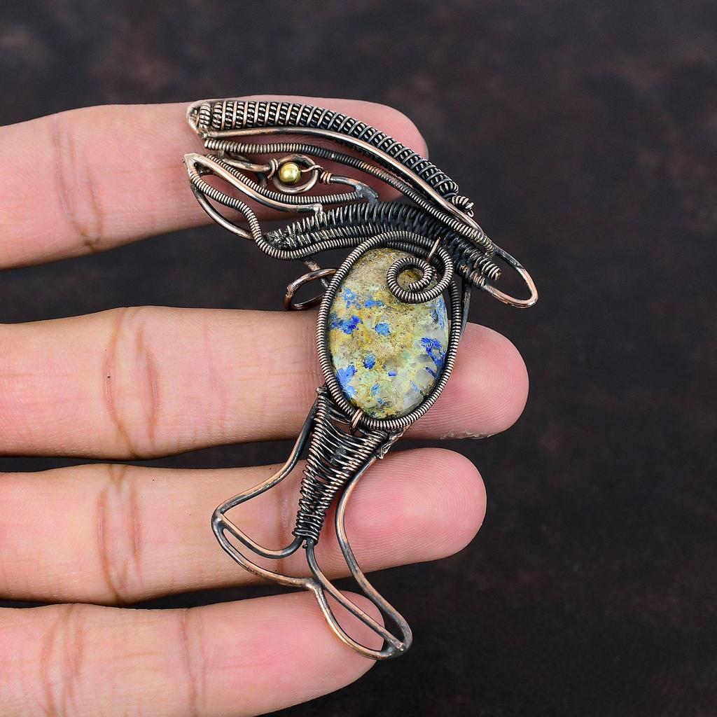 Pandantiv Azurit Malahit Înfășurat în Sârmă de Cupru Pandantiv cu Piatră Prețioasă Bijuterii din Cupru Handmade Pandantiv Pește Înfășurat în Sârmă Bijuterii Designer Cadou Pentru Ea