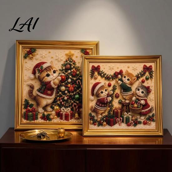 Relaxing Handmade Faux Pearl Sets Christmas Cat Art Kit with Frame Kitty Painting DIY Decorative Supplies Kit 3D Bead Wall Craft for Adults