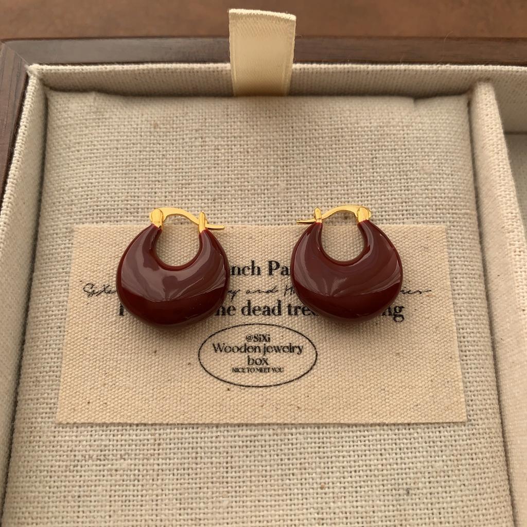 Burgundy Enamel Flower Ring Earrings Earrings Women'S Fashion Personality Temperament Advanced Sense Light Luxury Exquisite Autumn And Winter Earrings