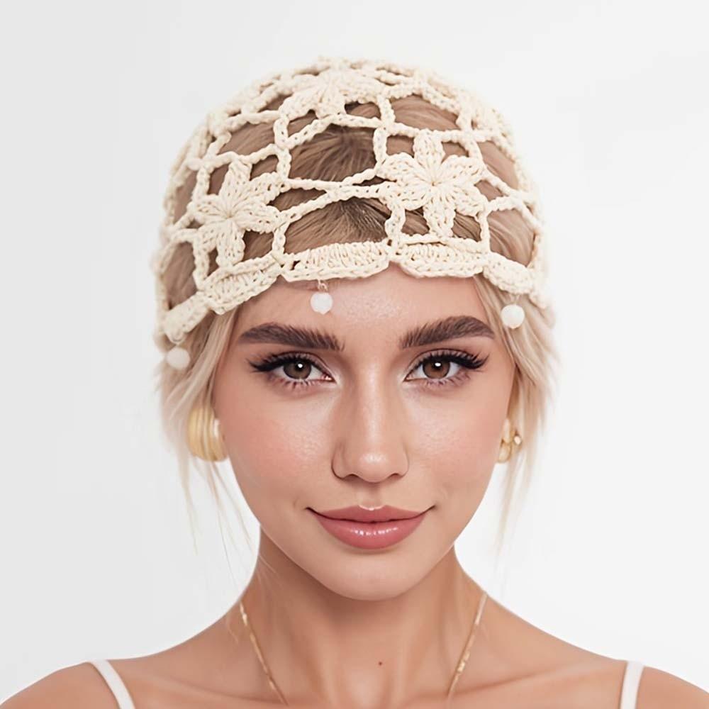 Bohemian Style Crochet Flower Knitted Hat Handmade Woven Cap Sweet Hollowed Out Beanie Cap  Summer