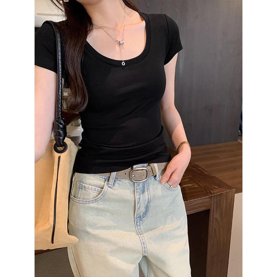 U-neck slim-fitting short-sleeved women's summer new Spice Girls short pure lust and thin white top