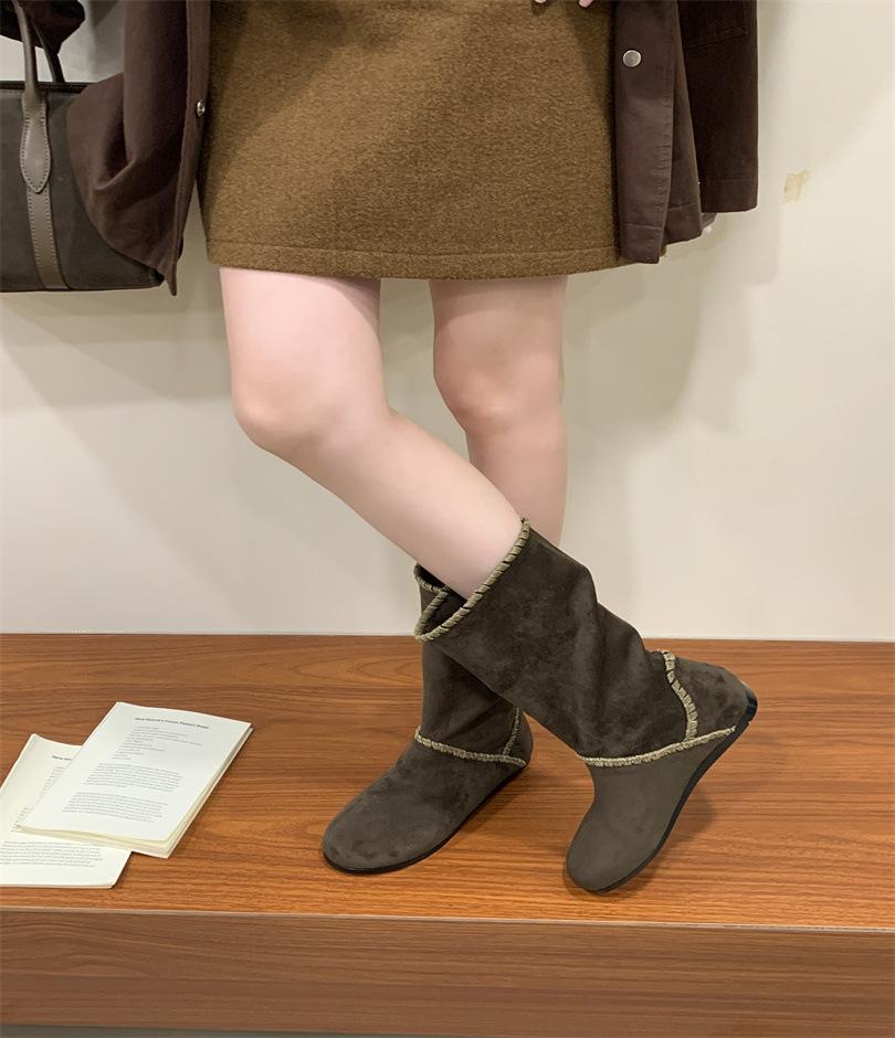 Vintage suede round head short boots women's shoes 2025 autumn thick heel Martin boots two wear western leather single boots