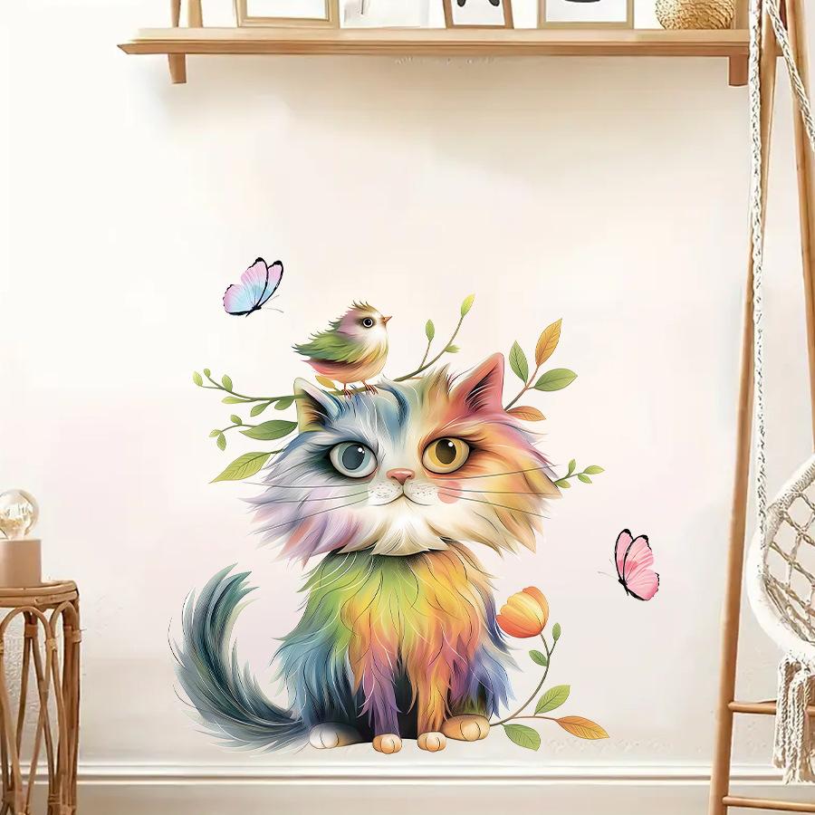 Cartoon Watercolor Cat Bird Butterfly Wall Stickers, Self-Adhesive Decor for Bedroom Kids Room Kitchen Decoration