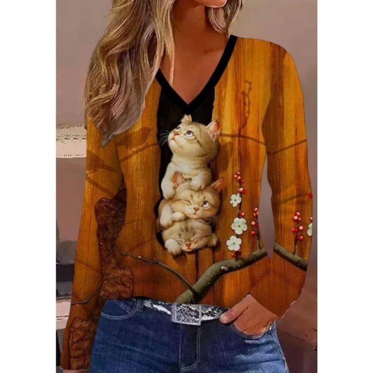 3D Floral Printed Long Sleeve T Shirt Women Fashion Round Neck Top Holiday Weekend