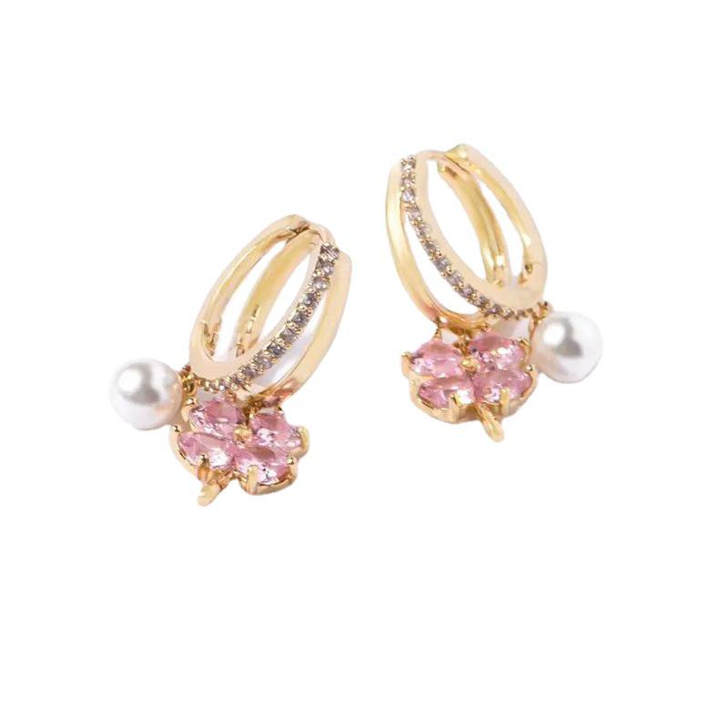 Pink Zircon Four-Leaf Pearl Ear Cuffs with S925 Silver Hypoallergenic Studs – Elegant and Sweet Zircon Inlaid Earrings