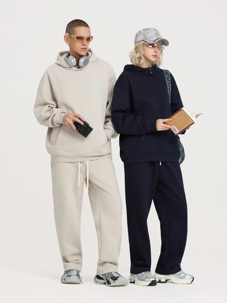 2025 Autumn/Winter Fleece-Lined Hooded Sweatshirt & Pants Set – Men's Trendy European/American Basic, Solid Color, 510g.