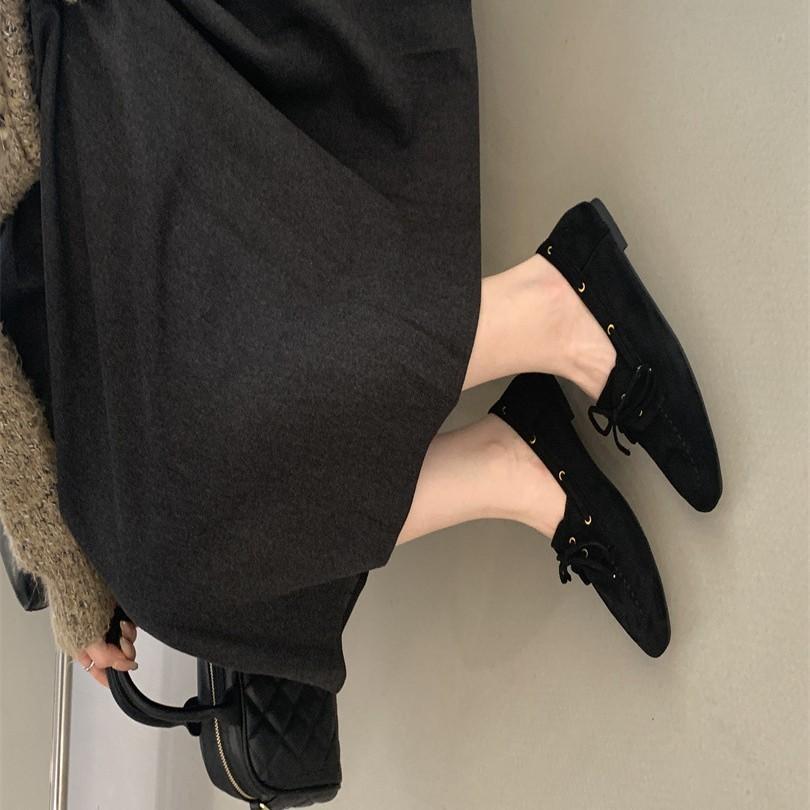 2025 spring new matte leather soft-soled bow loafers versatile retro style one-pedal square head single shoes
