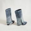 Pleated Block Heels Denim Boots for Women  Autumn Pointed Toe Women Fashion Sexy Cowboy Woman Denim Pointed Toe Chunky Boots