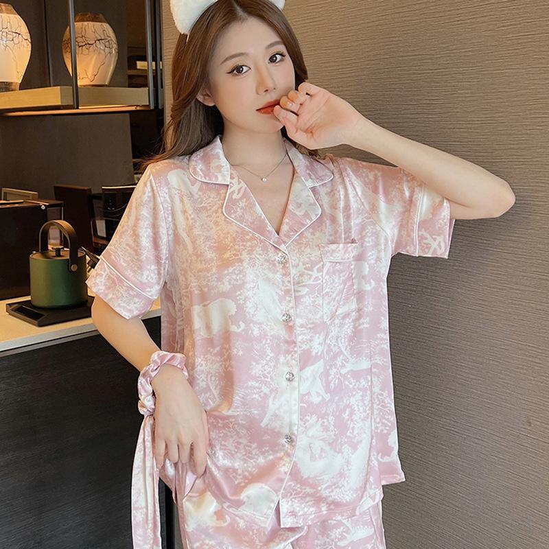 Summer Thin Cardigan Pajama Short Sleeved Shorts Two-piece Set Sweet Homewear Silk Pajamas for Women High-class Print Sleepwear