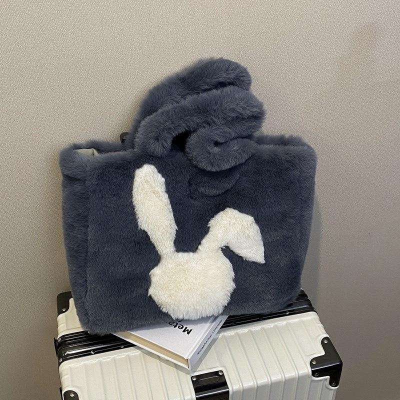Furry Women's Bag Winter New Portable Plush Commuter Tote Bag Cute Big Ears Rabbit Casual Shoulder Bag