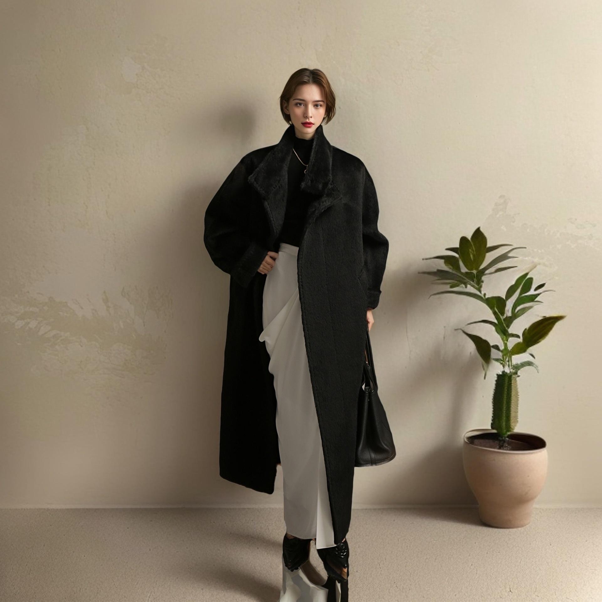 

High-End Alpaca Wool Knee-Length Winter Coat with Stand Collar F 120cm non-returnable чорний