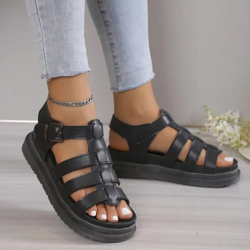 Fashion Women Sandals 2025 Summer Toe Buckle Openwork Braided Gears Platform Sandals Female PU Leather Roman Beach Black Hollow Shoes